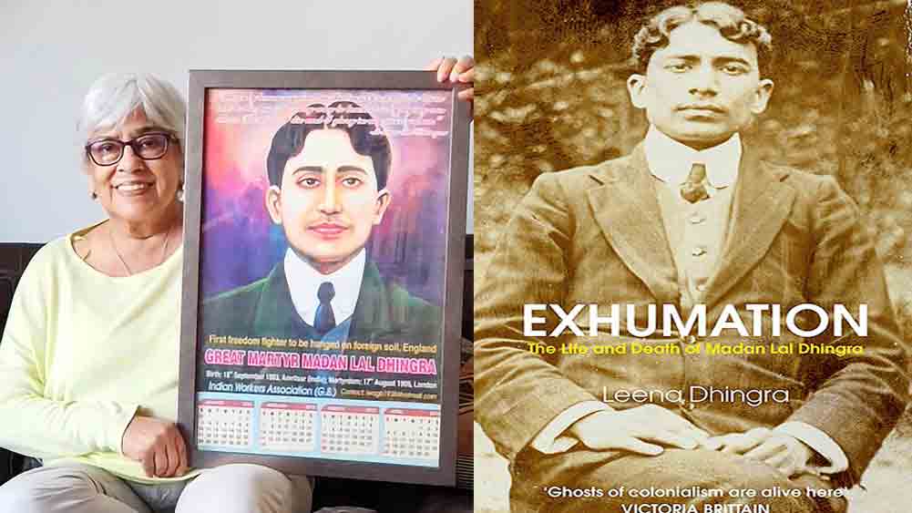 স্বীকৃতি: মদনলাল ধিংড়ার পোস্টার হাতে পৌত্রী লীনা ধিংড়া, বইটির প্রচ্ছদ।