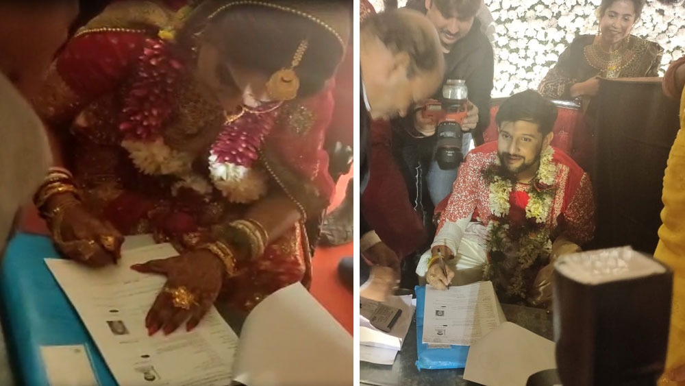 শুরু হল রেজিস্ট্রি পর্ব। নীল ও তৃণার মাঝে একটি কালো চাদর টাঙিয়ে দেওয়া হয়েছিল। যাতে শুভদৃষ্টির আগে একে অপরের সঙ্গে চোখাচুখি না করেন বর-কনে। কিন্তু তাতে বিরহের আগুন ছিল দু’জনের মধ্যেই। নাটকীয় ভঙ্গিতে নীল চিৎকার করে উঠেছিলেন, ‘না! না!’ এতেও শেষ নয়। এ-পার থেকে ও-পারে ‘আই লাভ ইউ’ বলে প্রেম জাহির করলেন নীল।