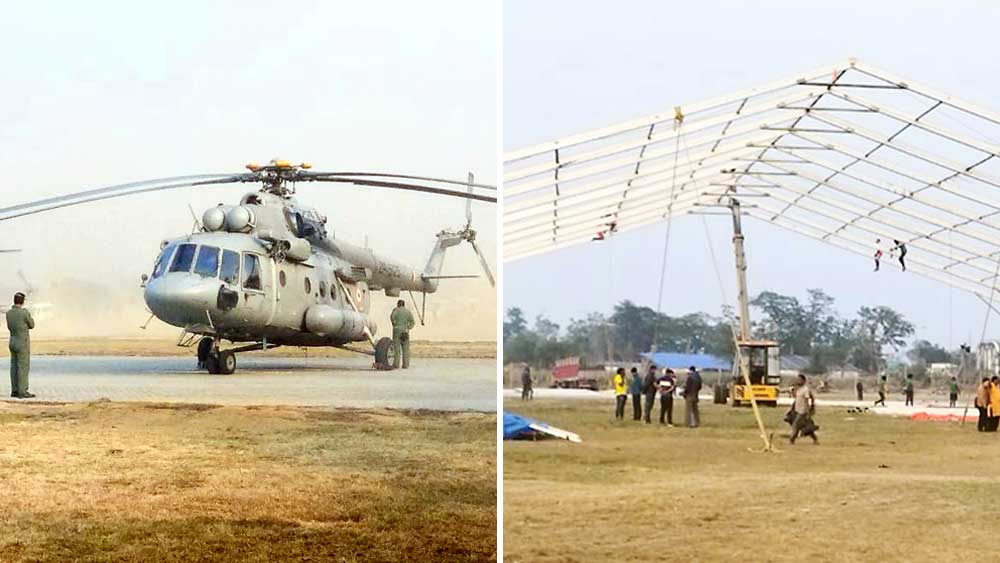 হলদিয়ার হেলিপ্যাড ময়দানে চলছে প্রধানমন্ত্রী নরেন্দ্র মোদীর কর্মসূচির প্রস্তুতি। নিজস্ব চিত্র।