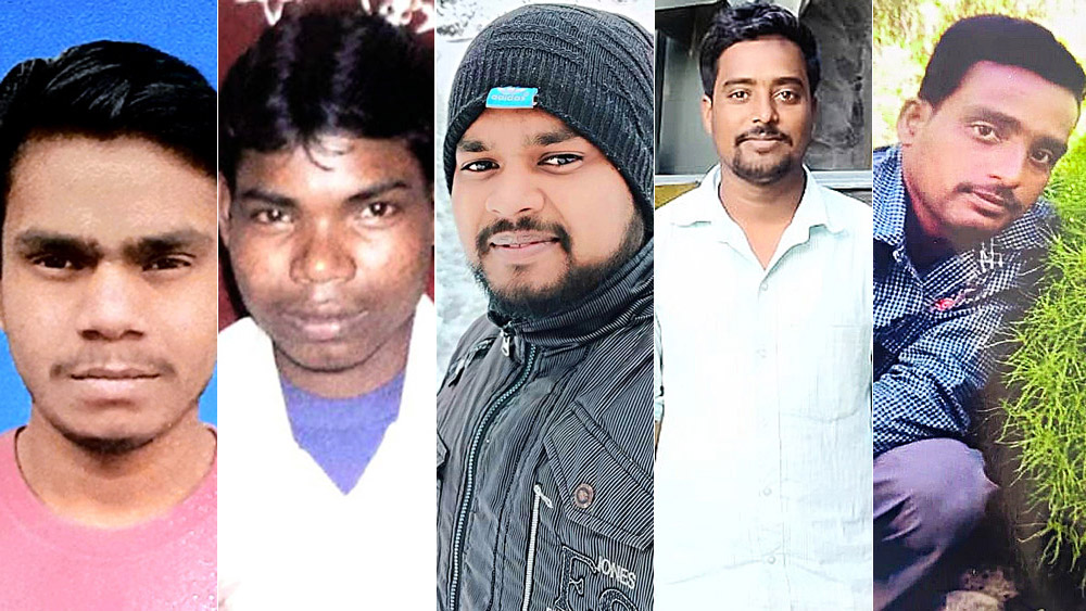 নিখোঁজ যাঁরা: বাঁ দিক থেকে অশ্বিনী তন্তুবায়, শুভঙ্কর তন্তুবায়, সুদীপ গুড়িয়া, লালু জানা ও বুলু জানা।