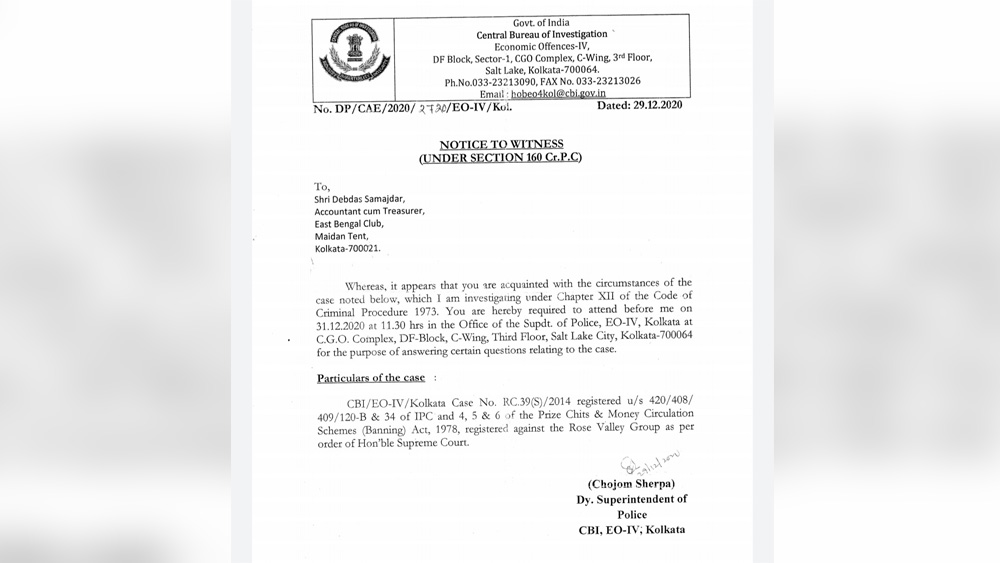 ২৯ ডিসেম্বর লাল-হলুদ তাঁবুতে এই বিষয়ে প্রথম চিঠি দেয় সিবিআই।