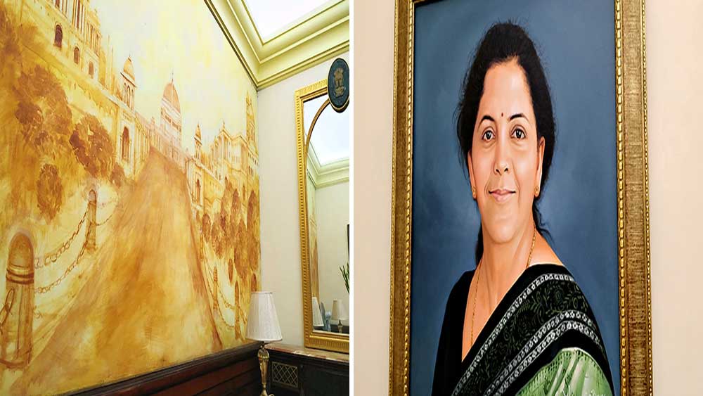 দেওয়ালসজ্জা: অর্থমন্ত্রীর দর্শনার্থীদের কক্ষে রাইসিনা হিলসের দৃশ্য ও নির্মলার তৈলচিত্র
