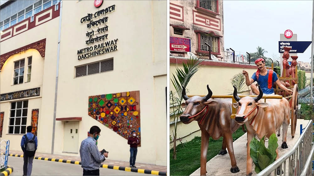  দক্ষিণেশ্বর স্টেশন ও চত্বরের সাজে উঠে এসেছে পশ্চিমবঙ্গের ইতিহাস ও লোকশিল্পের নানা টুকরো 