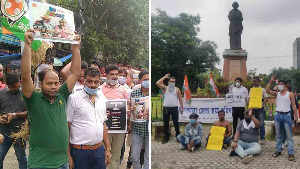 আড়িপাতা কাণ্ড রাজভবনের সামনে যুব কংগ্রেসের বিক্ষোভ (বাঁ দিকে)।  ইন্দিরা গান্ধীর মূর্তির নীচে কলকাতা ছাত্র পরিষদের বিক্ষোভ (ডান দিকে)।