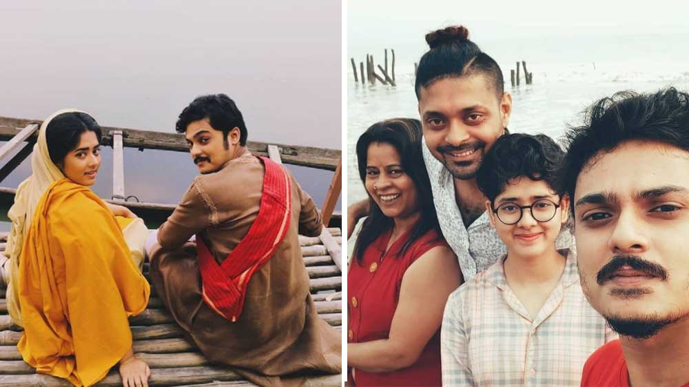 দিতিপ্রিয়া-বিশ্বাবসু (বাঁ দিকে), দিতিপ্রিয়ার মা, দাদার সঙ্গে দুই অভিনেতা-অভিনেত্রী (ডান দিকে)
