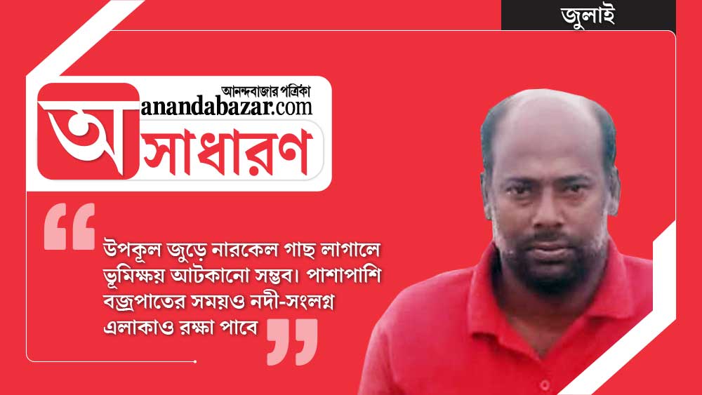 এক পা নেই, ক্রাচে ভর দিয়ে গাছ লাগিয়ে সুন্দরবন বাঁচাচ্ছেন ‘কোকোনাট ম্যান’