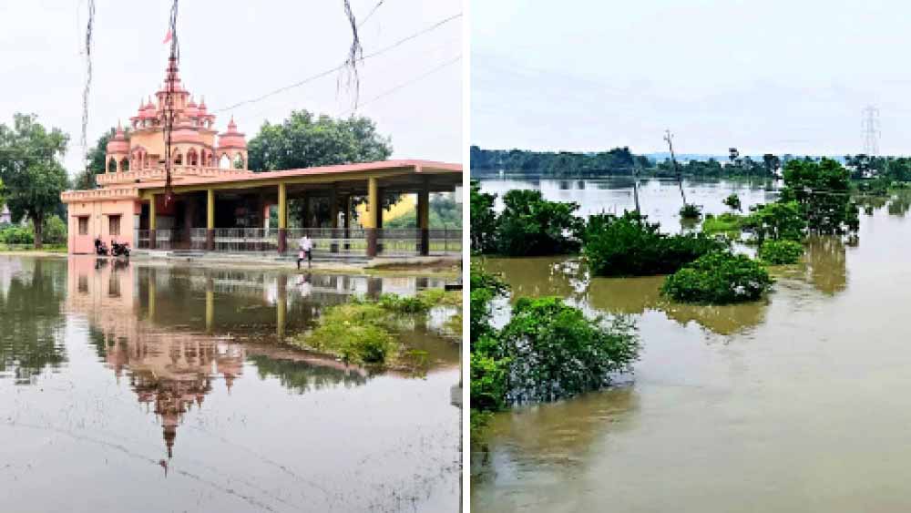 বাঁ দিকে, গুসকরায় রটন্তী কালীতলা এলাকায় জমে জল। ডান দিকে, মন্তেশ্বরে জল বেড়েছে খড়ি নদীর। 