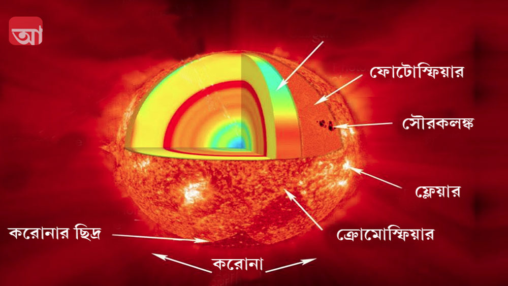 সূর্যের বায়ুমণ্ডল (করোনা)-এর বিভিন্ন স্তর। যেখান থেকে তৈরি হয় সৌরবায়ু। গ্রাফিক- শৌভিক দেবনাথ।