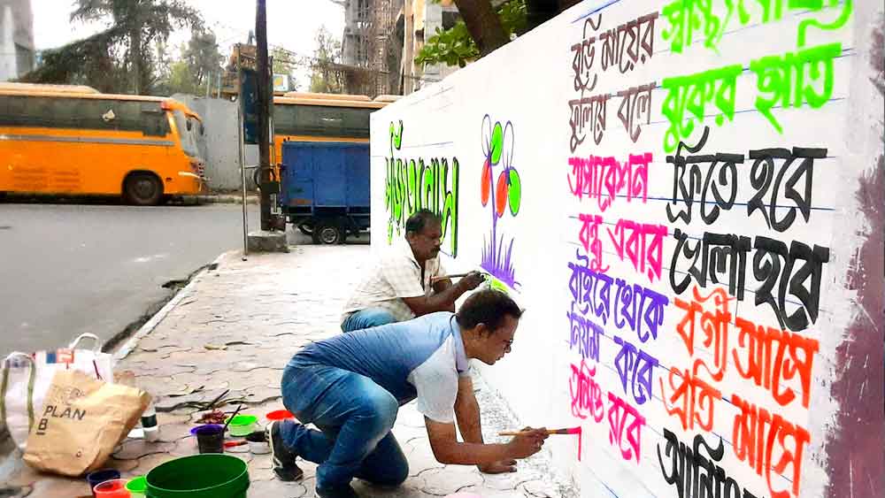 সচেতন: সিসাহীন রং দিয়ে দেওয়াল লিখন সল্টলেকে ডিডি ব্লকে।  