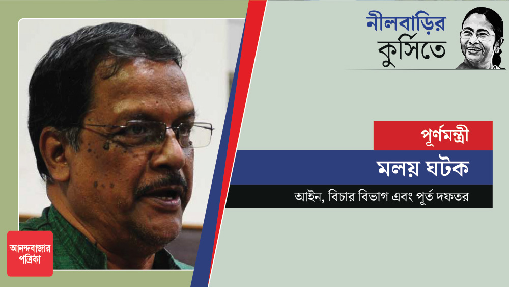 ২০১৪ সাল থেকে রাজ্যের আইন এবং শ্রমমন্ত্রী ছিলেন মলয় ঘটক। এ বার তাঁকে আইন, বিচার বিভাগ এবং পূর্ত দফতরের দায়িত্ব দেওয়া হয়েছে। কোভিড পরিস্থিতি নিয়ে নেটমাধ্যমে কেন্দ্রের সমালোচনা করে সম্প্রতি মোদী সরকারের রোষে পড়েছিলেন মলয়। টুইটারকে বলে তাঁর টুইট সরিয়ে দেয় কেন্দ্র।