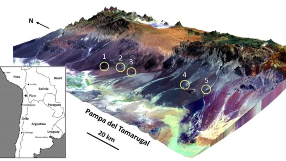 আটাকামা মরুভূমির সংখ্য়া দিয়ে চিহ্নিত জায়গাগুলিতে এই সব পদার্থের হদিশ মিলেছে বেশি পরিমাণে।  ছবি- ‘জিওলজি’ জার্নালের সৌজন্যে।
