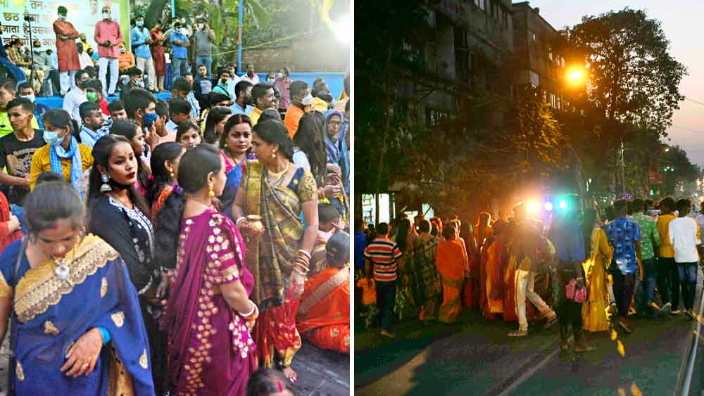 বিধি-হীন: (বাঁ দিকে) পণ্ডিতিয়া রোডে তৈরি কৃত্রিম জলাশয়ে ছট পালনে থিকথিকে ভিড় পুণ্যার্থীদের। অনেকেরই মুখে মাস্কের বালাই নেই। (ডান দিকে) আর জি কর হাসপাতালের সামনে ডিজে-র সঙ্গে নাচ। বুধবার। 