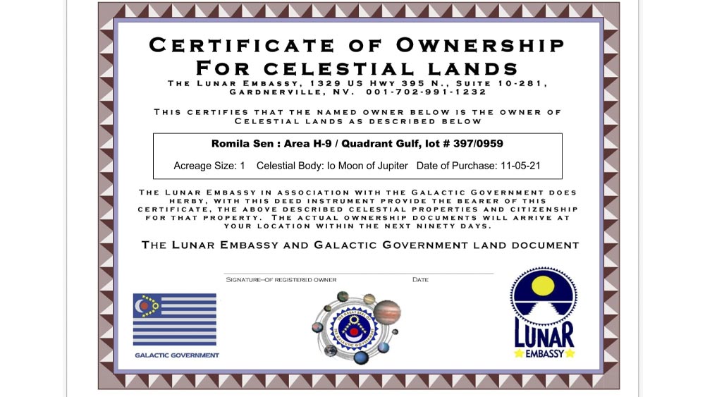 বৃহস্পতির চাঁদে ১ একর জমি কেনার শংসাপত্র।