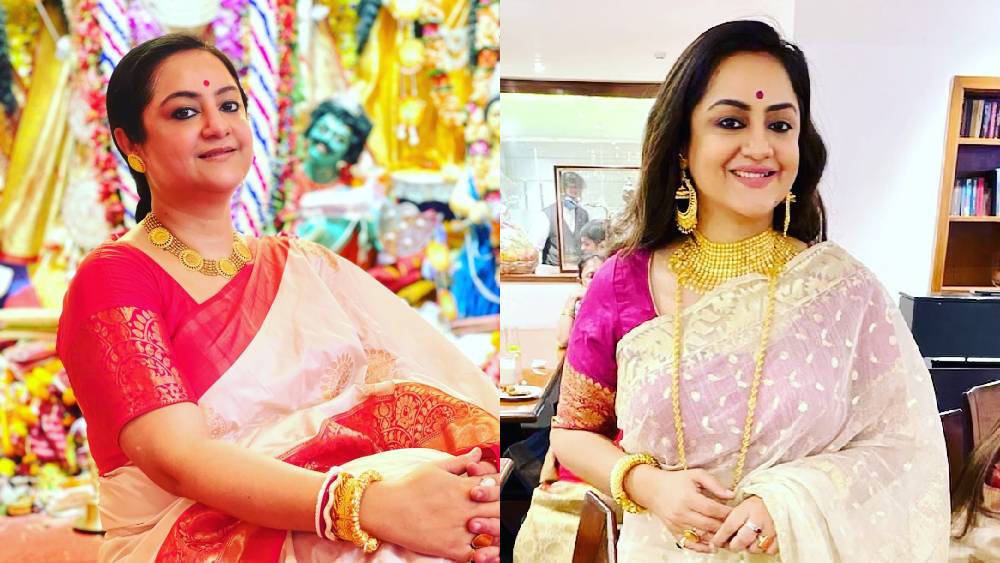 অপরাজিতার মতো আর এক টলি-অভিনেত্রীকে প্রায়শই দেখা যায় সোনার গয়নায়। তিনি সুদীপা চট্টোপাধ্যায়। কখনও ঝোলা হারের সঙ্গে ঝোলা দুল, কখনও বা নেকলেসের সঙ্গে ছোট সোনার দুল। ভারী গয়নায় তাঁকে বেশি দেখা গেলেও, হালকা সোনার-সাজেও কিন্তু সুদীপা অপরূপা।