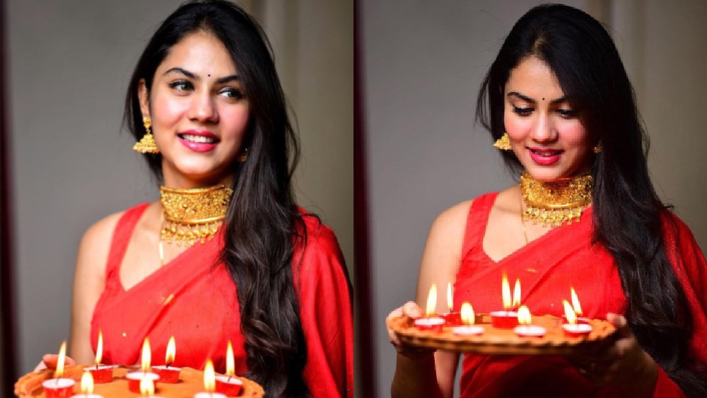 গলায় সোনার চোকার, কানে ঝুমকো। লাল শাড়িতে সেই সোনার ছটা। অভিনেত্রী ঋত্বিকা সেন তাতেই নজরকাড়া।