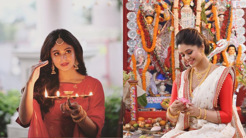 চুড়িদার হোক বা সনাতনী লাল-পেড়ে সাদা শাড়ি, সোনার গয়নায় ঋতাভরী যেন সত্যিই ‘কন্যাকুমারী’!