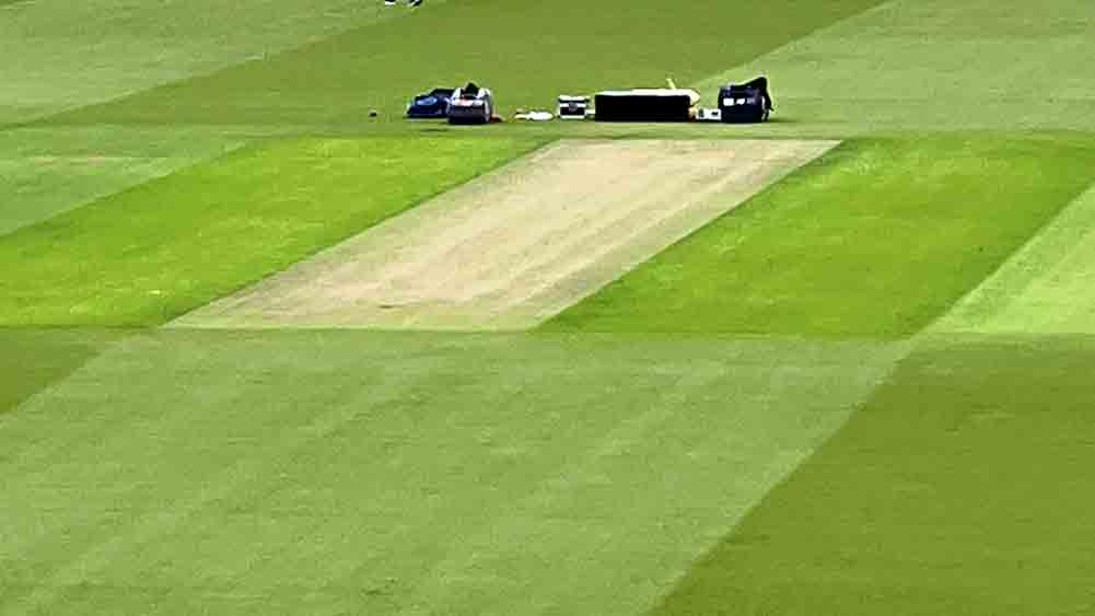  চর্চায়: টেস্ট শুরুর আগের দিন ওভালের পিচে হাল্কা ঘাস। 