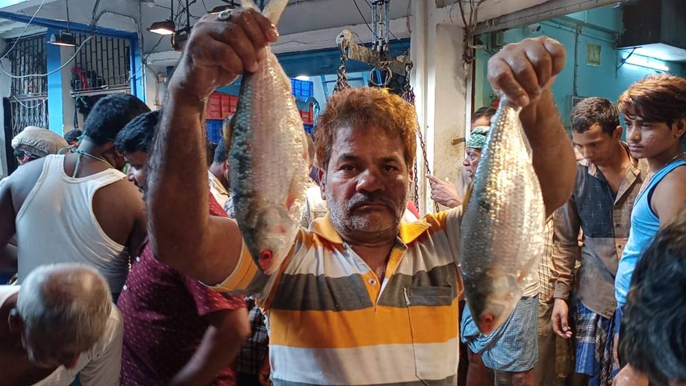 ইলিশ হাতে এক ব্যবসায়ী।