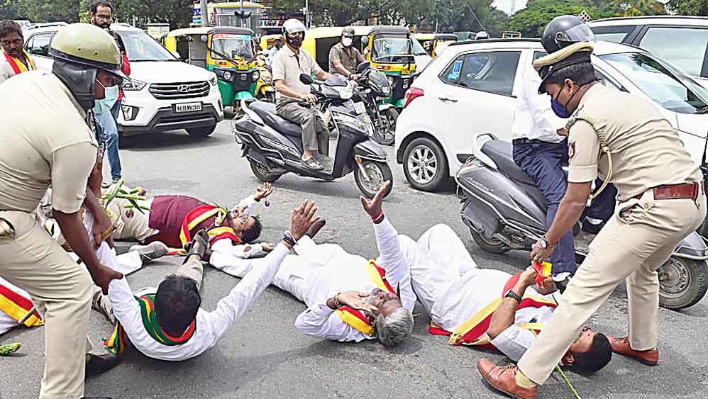 নয়া কৃষি আইনের বিরোধিতায় বেঙ্গালুরুতে ভারত বন্ধ এক কন্নড় সংগঠনের। ছবি পিটিআই।