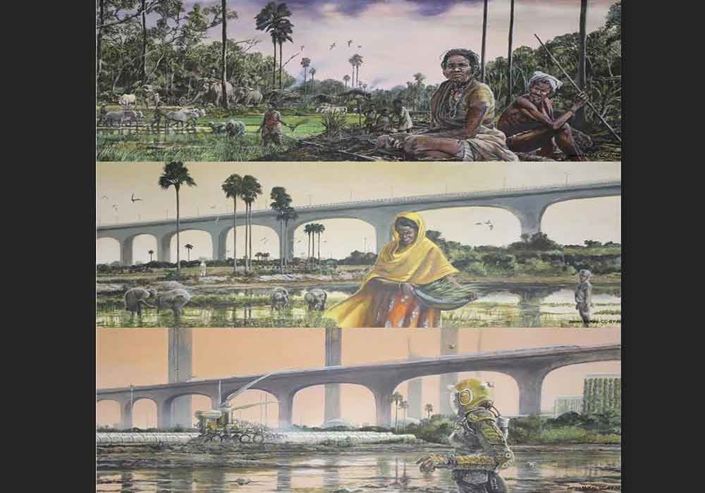 ভারতীয় উপমহাদেশের গ্রাম। উপরে- আগে যা ছিল, মাঝখানে, এখন যে ভাবে চাষবাস হচ্ছে, নীচে, যে ভাবে রোবটের মাধ্যমে ২১০০ সালে চালাতে হবে চাষবাস, কৃষকের অভাবে। ছবি সৌজন্যে- টুইটার।