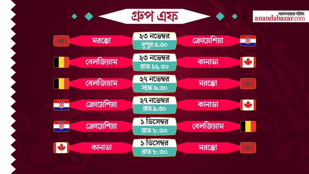 এই গ্রুপে গত বারের রানার্স-আপ ক্রোয়েশিয়া রয়েছে। তাদের সঙ্গে রয়েছে বেলজিয়াম, কানাডা এবং মরক্কো।