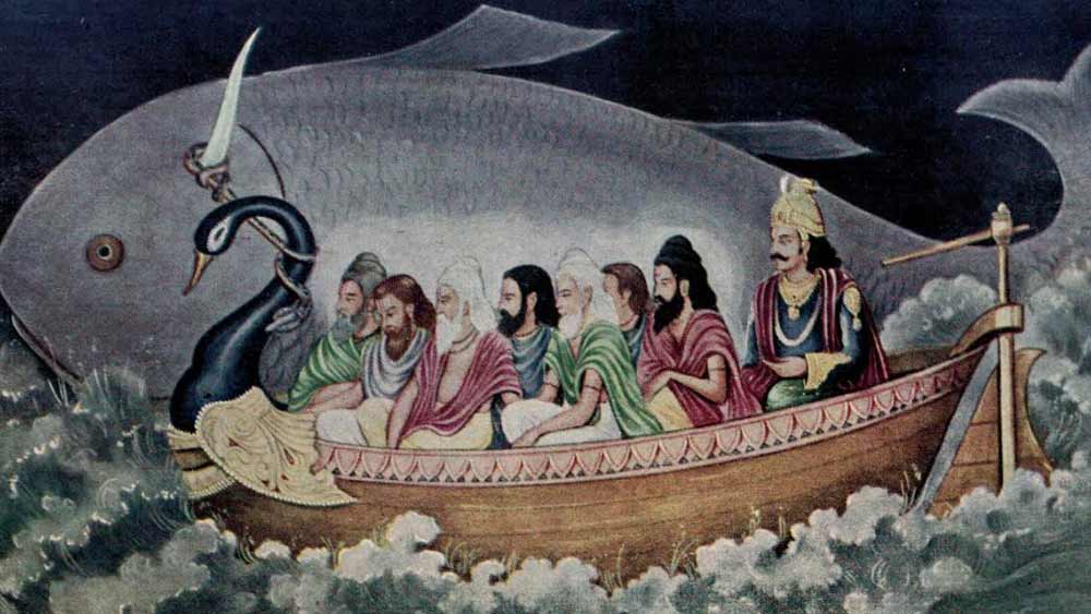 মৎস্যাবতারের আখ্যানে বলা হয়েছে যে, মনু নামে এক রাজার আমলে এই প্লাবনের ঘটনা ঘটে। মনু একবার মুখ-হাত ধোয়ার জন্য একটি পাত্রে জল নেন। সেই জলে এক অতি ক্ষুদ্র মাছকে তিনি দেখতে পান। মাছটি মনুর কাছে আশ্রয় প্রার্থনা করে। পরিবর্তে মনুকে সে আসন্ন প্রলয় থেকে রক্ষা করার প্রতিশ্রুতি দেয়। মাছটি দিনে দিনে আকারে বাড়তে থাকে। শেষ পর্যন্ত সেটি এত বড় হয়ে যায় যে, মনু তাকে মহাসমুদ্রে ছেড়ে দিয়ে আসেন। অবশেষে এক দিন মহাপ্লাবন শুরু হয়। মনু এক নৌকায় সপ্তর্ষি-সহ ভাসতে থাকেন। এমন সময় সেই মহামৎস্য দেখা দেয়। সে মনুর নৌকাকে হিমালয় পর্বতে নিয়ে যায়। সৃষ্টি রক্ষা পায়।