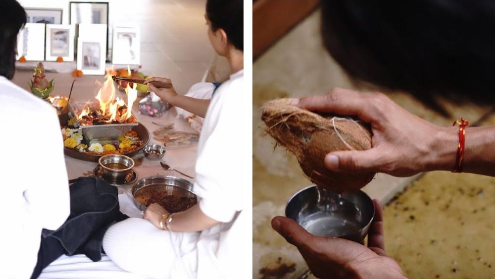 হোমের আগুন জ্বলছে। দু’হাত জড়ো করে বসে আছে রণবীর এবং দীপিকা। আরতি করছেন, নারকেল ফাটাচ্ছেন। 