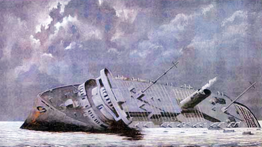 সাবমেরিন থেকে পর পর তিনটি টর্পেডো জাহাজের দিকে ছোড়া হয়। তিনটির মধ্যে একটি জাহাজের নীচের দিকে কেবিনে, একটি সুইমিং পুল এলাকায় এবং শেষ টর্পেডোটি জাহাজের ইঞ্জিনে এসে লাগে। সঙ্গে সঙ্গে জাহাজের আলো নিজে থেকেই নিভে যায়।