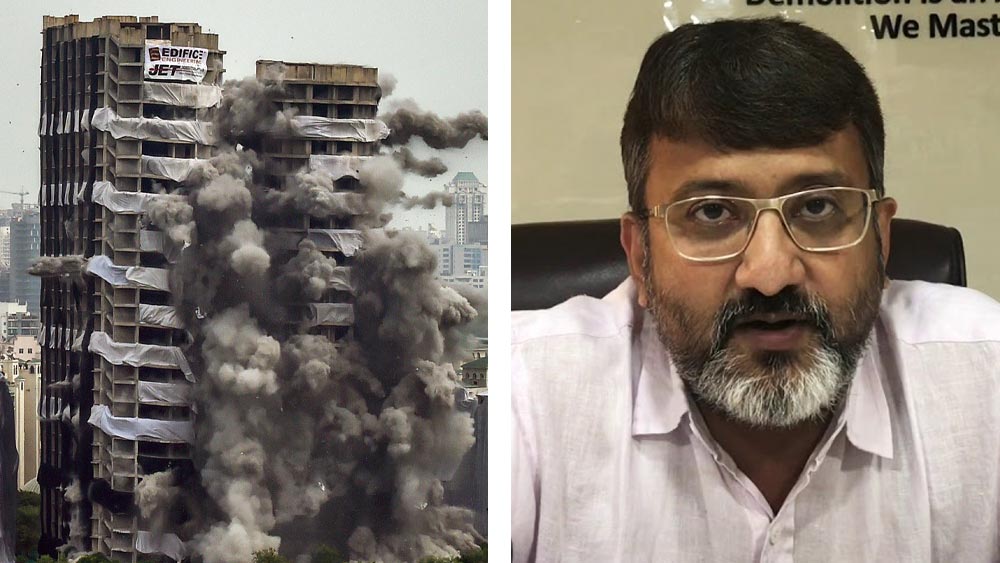 অ্যাপেক্স আর সিয়ান। ৩২ তলা আর ৩০ তলা। নয়ডার এই বেআইনি যমজ অট্টালিকার রন্ধ্রে রন্ধ্রে ৩৫০০ কেজিরও বেশি বিস্ফোরক গুঁজে গুঁড়িয়ে দেওয়া হয়েছে রবিবার। নিরাপদে এই ধ্বংসলীলার নেপথ্যে যিনি, তাঁর নাম উৎকর্ষ মেহতা। তাঁর দায়িত্ব নিয়ে ১১ সেকেন্ডে ধ্বংস করেছে জোড়া ইমারত।