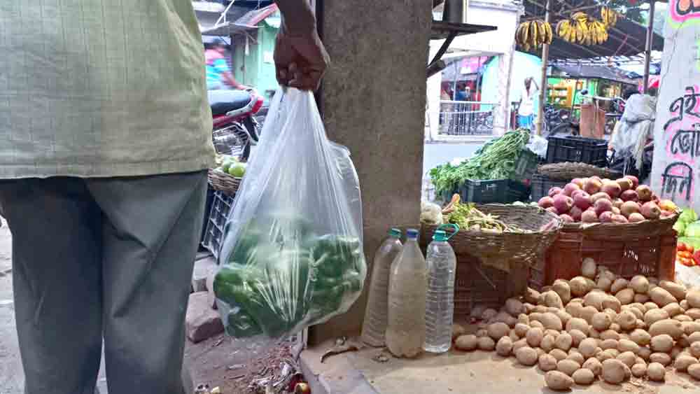 অবাধ: হাওড়ার অনেক এলাকাতেই এখনও আনাজ বিকিকিনি চলছে পাতলা প্লাস্টিক ক্যারিব্যাগে। নিজস্ব চিত্র