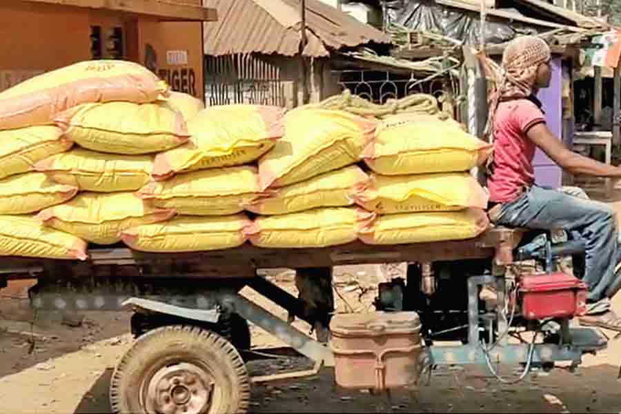 চন্দ্রকোনায় বেশি দাম দিয়ে সার কিনে নিয়ে যাওয়া হচ্ছে মাঠে । ছবি: কৌশিক সাঁতরা