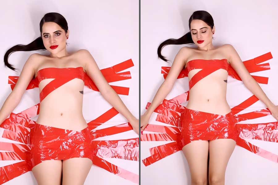 লাল টেপ দিয়ে ঢাকা উরফির শরীর।