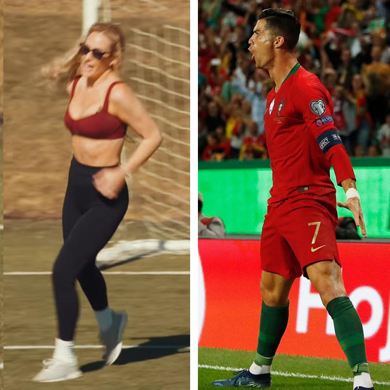 তবে সিআরসেভেনকে পেজ়ের নকল করাটা বহু দর্শকদের মনে ধরেছে। ভিডিয়োয় দেখা গিয়েছে, ধীরেসুস্থে পেনাল্টি স্পট থেকে গোল করছেন ঘন মেরুন রঙের টাইট স্পোর্টস ব্রা এবং কালো লেগিংস পরা পেজ়। এর পর পেনাল্টি অঞ্চল থেকে দু’হাত বাড়িয়ে ঘুরতে ঘুরতে একটি ছোট্ট লাফ। তার মধ্যেই সিআরসেভেনের মতো ঘুরে দাঁড়ালেন তিনি। 