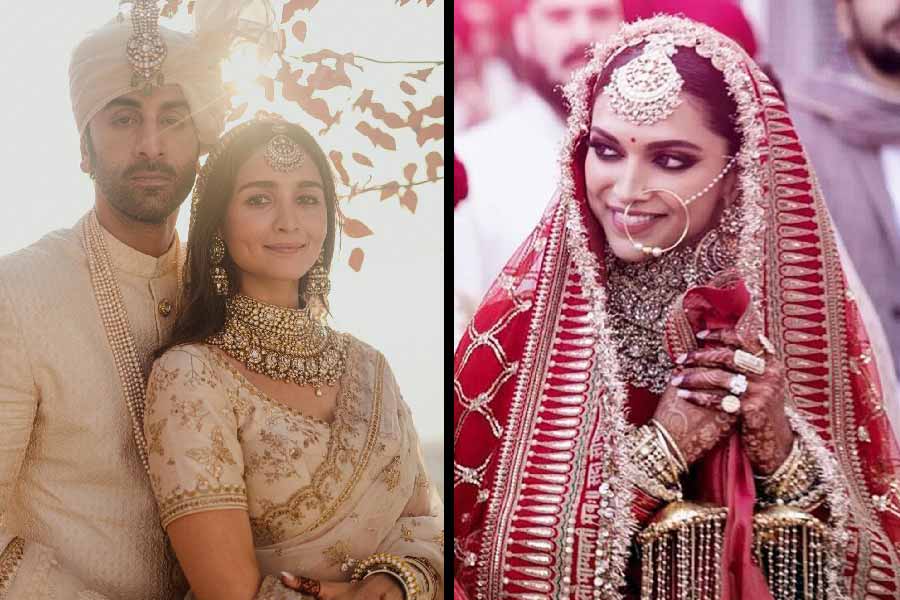 বিয়েতে দীপিকা-আলিয়া সেজেছিলেন সব্যসাচীর সাজে।