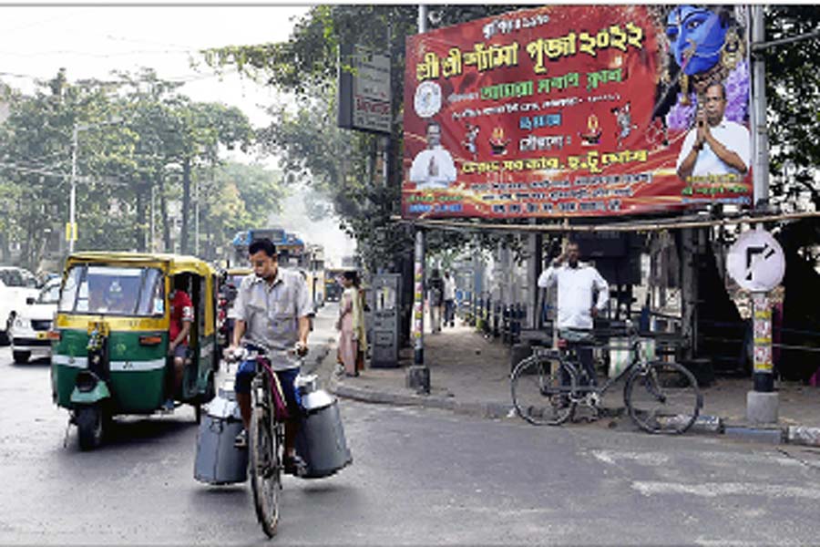 কালীপুজোর জন্য লাগানো হোর্ডিং খোলা হয়নি বাগমারিতে। ছবি: সুদীপ্ত ভৌমিক 