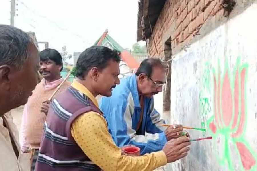 প্রচারে পিছিয়ে নেই বিজেপিও। শনিবার দিনভর দেওয়াল লিখনের সঙ্গে চলল বাড়ি বাড়ি প্রচার।