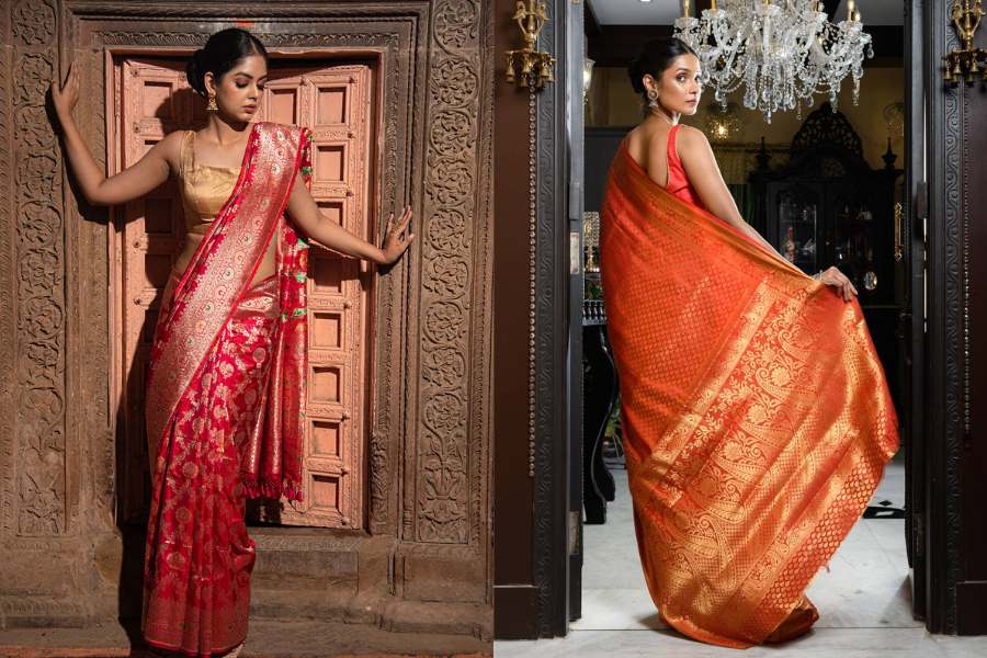 বেনারসি: নামেই স্পষ্ট, ভারতের প্রাচীন শহর বারাণসীতে এই শাড়ির উৎপত্তি। এই শাড়ির মূল বৈশিষ্ট্য হল সিল্কের উপরে ভারী সুতোর কাজ। বর্তমানে তসর, জর্জেট, শিফন, সাটিন ইত্যাদি নানা ধরনের বেনারসি পাওয়া যায়। তবে সিল্কের বেনারসিই কিন্তু আসল বেনারসি।  