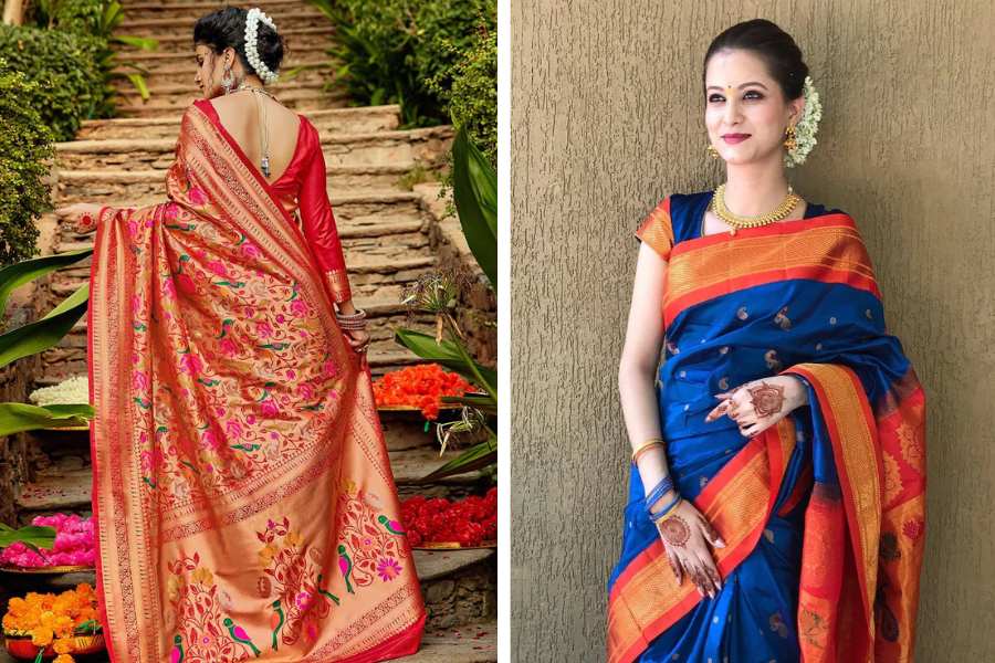 পৈঠানি: জমকালো রঙের সঙ্গে মানানসই কাজ। মহারাষ্ট্রের এই সাবেক শাড়ির আঁচলে বড় বড় ময়ূর- এটিই হল মূল বৈশিষ্ট্য। 