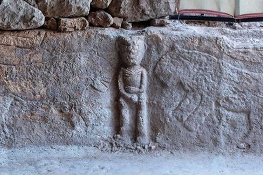 অন্য একটি শিল্পকর্মে ধরা পড়েছে আরও এক ভয়ঙ্কর মুহূর্ত। নিজের যৌনাঙ্গে হাত দিয়ে দাঁড়িয়ে রয়েছেন এক ব্যক্তি। তাঁর দু’পাশে আক্রমণাত্মক ভঙ্গিতে দাঁড়িয়ে দুটি চিতা। চিতা দুটি যেন ওই ব্যক্তিকে আক্রমণের জন্য মুখিয়ে রয়েছে। 