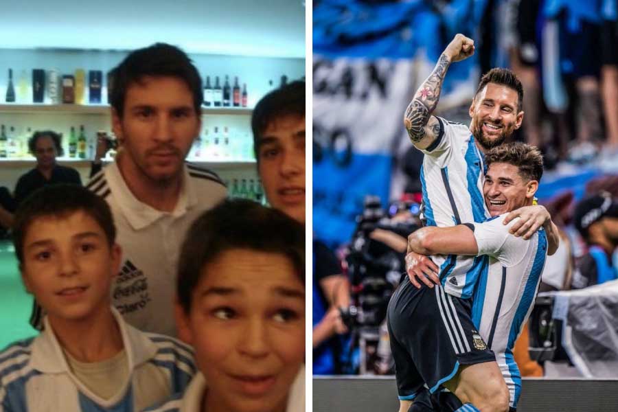 বুধবারের ম্যাচের পর পুরনো একটি ছবি ঘিরে চর্চা শুরু হয়েছে। কিশোর মেসিভক্ত আলভারেস ২০১২ সালে স্বপ্নের নায়কের সঙ্গে এক বার ছবি তোলার সুযোগ পেয়েছিলেন। অনুর্ধ্ব ১৩ দলে খেলতে খেলতে একেবারে মেসির কাছে পৌঁছে গিয়েছিলেন। সেই ফ্রেম ফিরে এসেছে ১০ বছর পর।