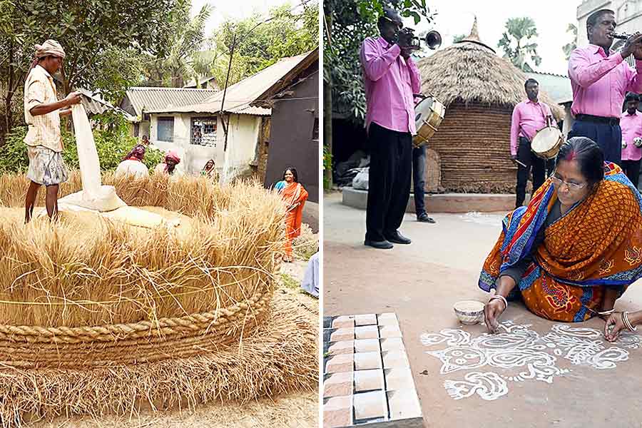 উদ্‌যাপন: নতুন ধান মজুত হচ্ছে গোলায়। ডান দিকে, উঠোনে নবান্নের আলপনা। ছবি: দেশকল্যাণ চৌধুরী