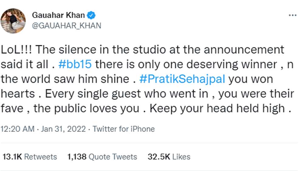 লিখেছেন, ‘বিজয়ীর নাম ঘোষণার পর স্টুডিয়োর নিস্তব্ধতাই সবটা বুঝিয়ে দিয়েছে। ‘বিগ বস ১৫’-র আসল বিজয়ী একজনই। পৃথিবী তাকে দেখেছে। প্রতীক সেহজপাল তুমি সকলের মন জয় করেছ। যে তারকা ‘বিগ বস’-এর বাড়িতে গিয়েছেন, তুমি তাঁদেরই প্রিয় হয়ে উঠেছ। তুমি মানুষের প্রিয়। মাথা উঁচু করে থেকো।’