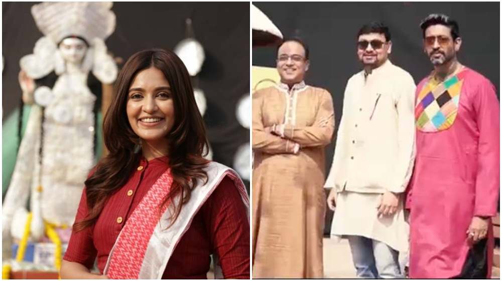 প্রিয়াঙ্কা সরকার (বাঁ দিকে), অরিন্দম, শিলাদিত্য প্রমুখ (ডান দিকে)