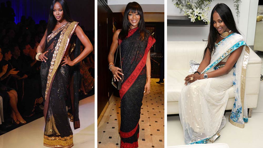 নাওমি ক্যাম্পবেল: নাওমি পৃথিবীর সবচেয়ে বেশি চর্চিত ‘সুপার মডেল’দের মধ্যে অন্যতম। মণীশ মলহোত্র থেকে সব্যসাচী মুখোপাধ্যায়, একাধিক পোশাকশিল্পীর তৈরি করা শাড়ি পরে র‌্যাম্পে হেঁটেছেন তিনি। তবে শুধু পেশাগত ভাবেই নয়, সঙ্গীর জন্মদিনের মতো ব্যক্তিগত অনুষ্ঠানেও শাড়ি পরতে দেখা গিয়েছে তাঁকে।