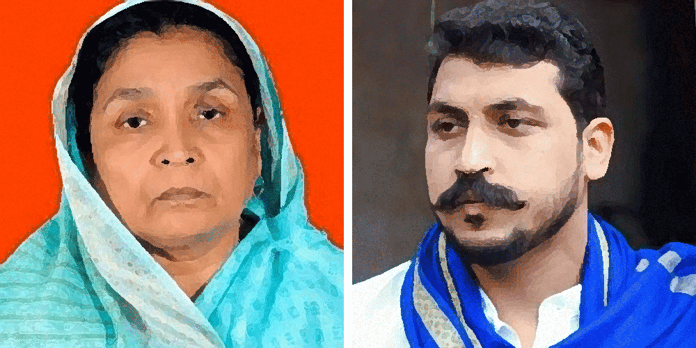 গোরক্ষপুর (শহর) আসনে আদিত্যনাথের দুই প্রধান প্রতিপক্ষ। বাঁ দিকে প্রয়াত বিজেপি নেতার স্ত্রী শুভাবতী শুক্ল (সমাজবাদী পার্টি)। ডান দিকে দলিত নেতা চন্দ্রশেখর আজাদ ওরফে রাবণ (আজাদ সমাজ পার্টি)।