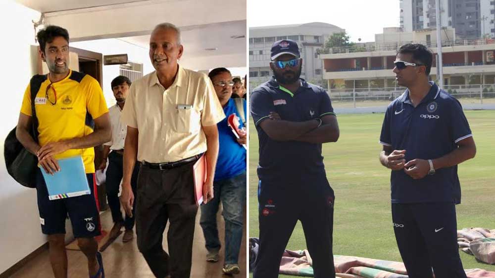 লালভাই কন্ট্রাক্টর স্টেডিয়ামে রবিচন্দ্রন অশ্বিন, রাহুল দ্রাবিড়। রয়েছেন সংস্থার ক্রিকেট সচিব নইমেশ দেশাই। 