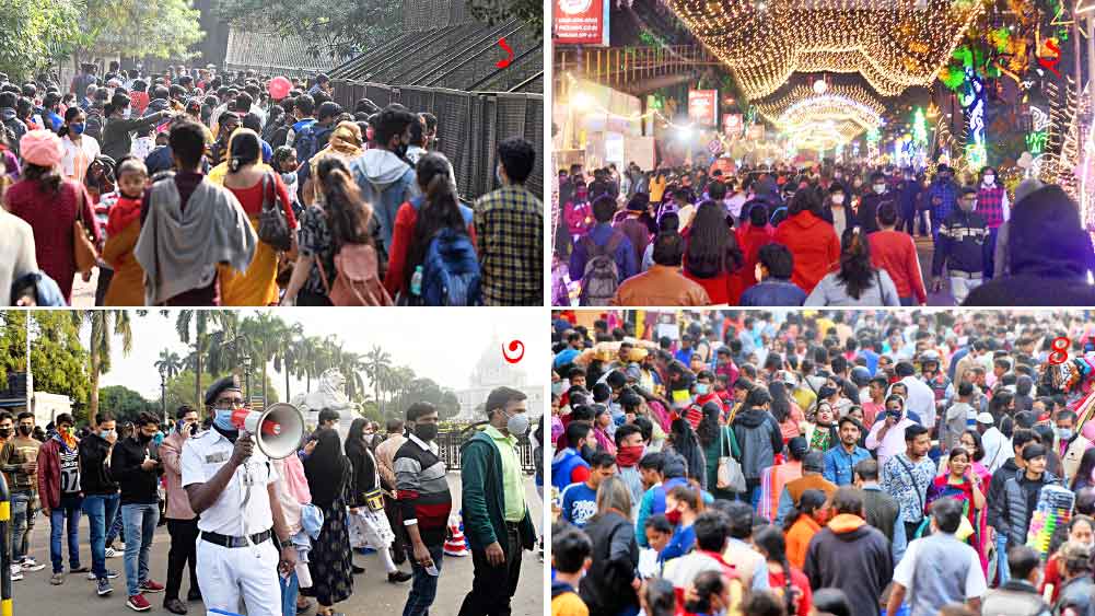 অসচেতন: ফের লাফিয়ে বাড়ছে করোনা সংক্রমণ। তবু লাগাম দেওয়া গেল না বর্ষশেষের ভিড়ে। অনেককেই দেখা গিয়েছে মাস্কহীন অবস্থায়। অনেক জায়গায় পুলিশের পক্ষ থেকে সচেতন করা হলেও বিশেষ লাভ হয়নি। (১) আলিপুর চিড়িয়াখানা, (২) শ্রীভূমির পৌষ পার্বণ মেলা, (৩) ভিক্টোরিয়া মেমোরিয়াল ও (৪) নিউ মার্কেটে। শুক্রবার।