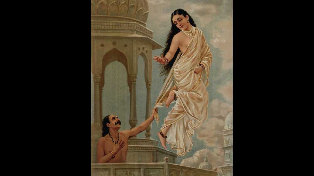 উর্বশীকে নিয়ে পুরাণ ও মহাকাব্যে প্রচুর কাহিনি রয়েছে। এর মধ্যে সব থেকে পরিচিত কাহিনিটি হল তাঁর সঙ্গে চন্দ্রবংশীয় রাজা পুরুরবার প্রেমকাহিনি। পুরুরবা উর্বশীকে বিবাহ করতে চাইলে উর্বশী তাঁকে তিনটি শর্ত দেন। যার মধ্যে অন্যতম ছিল, পুরুরবা উর্বশীর পোষ্য মেষকে রক্ষা করবেন এবং তাঁরা সঙ্গমের সময় ছাড়া পরস্পরকে তাঁরা নগ্ন দেখবেন না।