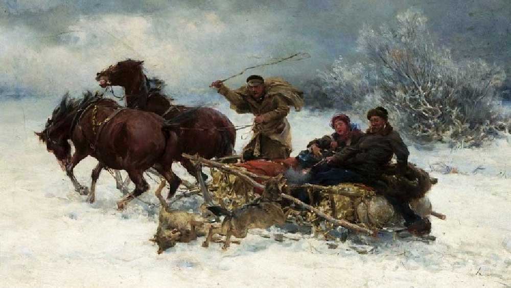 সেন্ট পিটার্সবার্গের দীর্ঘ বরফের মরুভূমি জুড়ে গান গাইতে গাইতে এবং আমোদ করতে করতে এগোতে থাকে কনেযাত্রীর দল। ঘোড়সওয়ারিদের পাশাপাশি কয়েক জন রওনা দিয়েছিলেন ঘোড়ায় টানা স্লেজ গাড়িতেও।