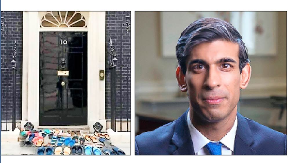 ভবিষ্যৎ?: মিমে ১০ নম্বর বাড়ির দরজার বাইরে জুতোর স্তূপ, (ডান দিকে) ঋষি সুনক